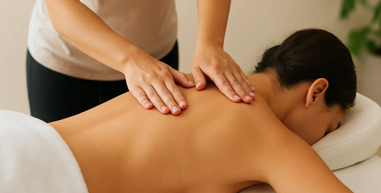 massoterapeuta fazendo massagem relaxante em uma cliente